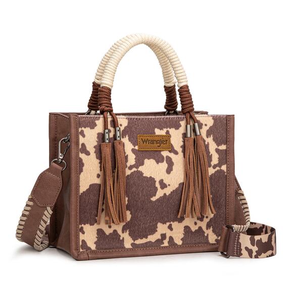 Wrangler Handbags - Wrangler Cow Print Small Tote/Crossbody Bag w/ Braided Handles